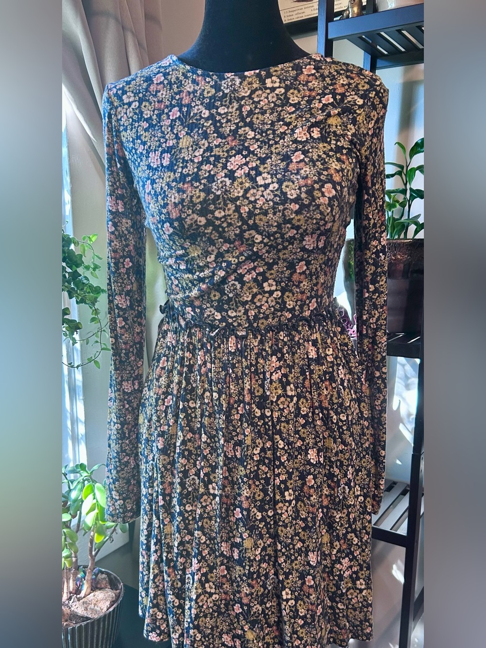 Rewind Black Floral Long-Sleeve Fit & Flare Dress